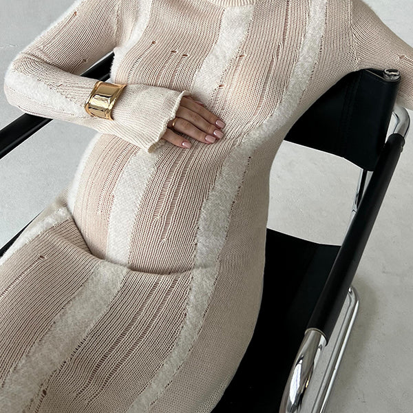 Beaumama robes longue grossesse élégant couleur bloc rayé trou moulante casual femme enceinte