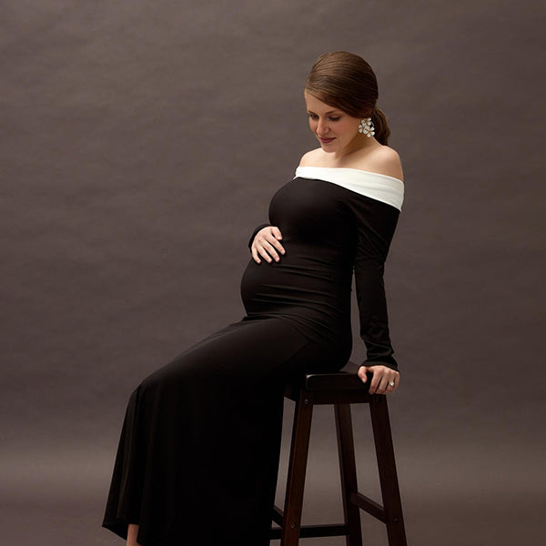 Beaumama robes longue grossesse élégant couleur bloc moulante épaule dénudée enceinte shooting femme enceinte