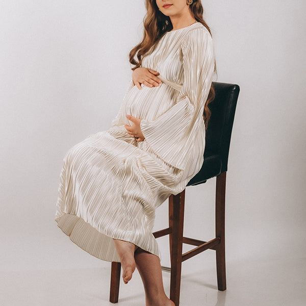 Beaumama robes longue grossesse plissé ceinture manches trompette élégant femme enceinte