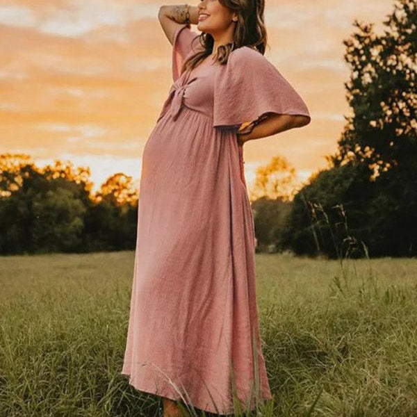 Beaumama robes longue grossesse élégant casual nœud papillon volants fluide enceinte shooting femme enceinte