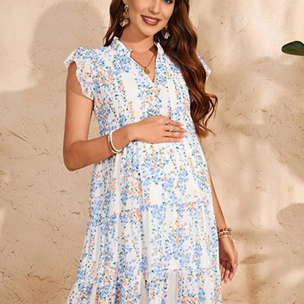Beaumama robe courte grossesse élégant casual vacances imprimé fleurie volants fluide femme enceinte