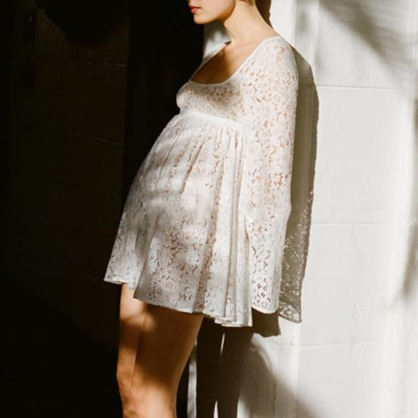 Beaumama robes courte grossesse élégant cocktail dentelle découpe fluide manches trompette femme enceinte