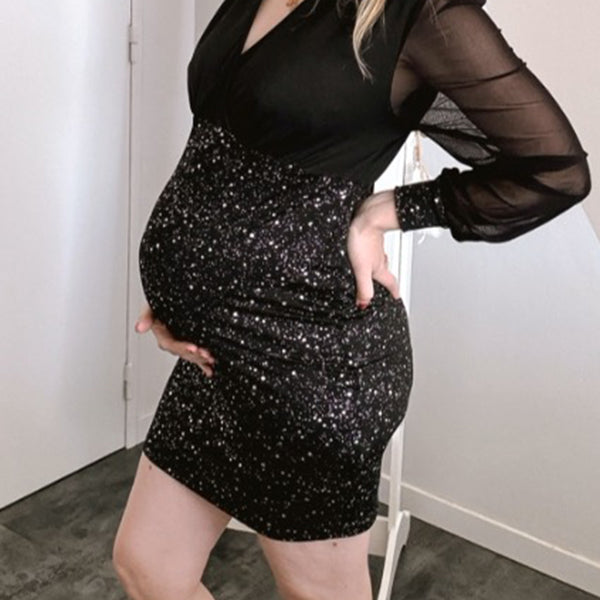 Beaumama robes courte grossesse élégant cocktail brillante paillette tulle transparent moulante femme enceinte