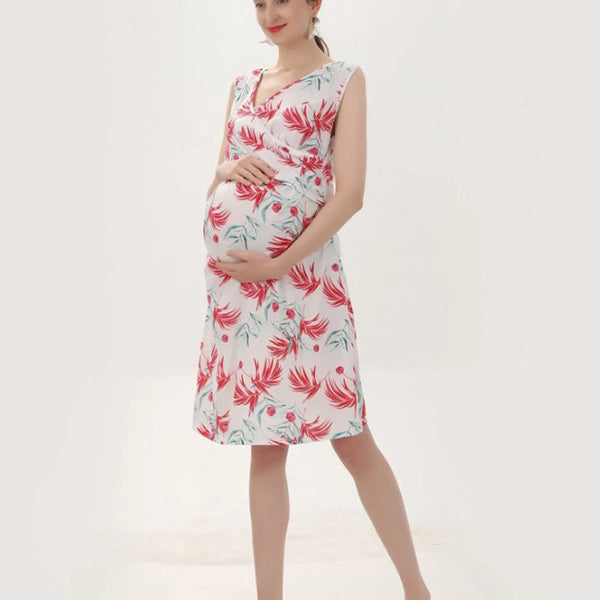 Beaumama robe allaitement mi-longue grossesse casual confortable élégant imprimé feuille plissé femme enceinte