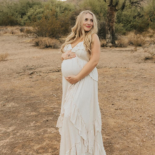 Beaumama robe shooting longue grossesse bohème volants dos nu fluide licou femme enceinte