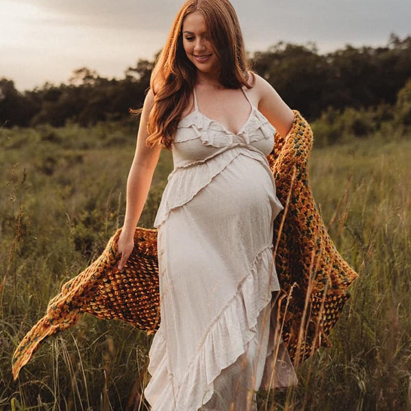 Beaumama robe shooting longue grossesse bohème volants dos nu fluide licou femme enceinte