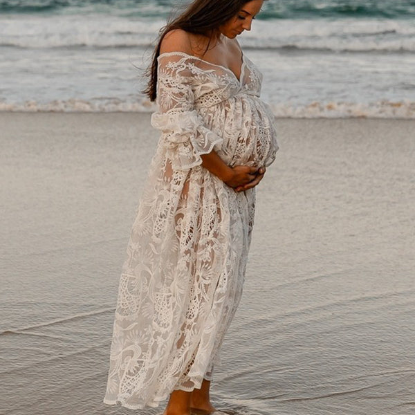Beaumama robes photo longue grossesse bohème dentelle transparent volants fluide femme enceinte