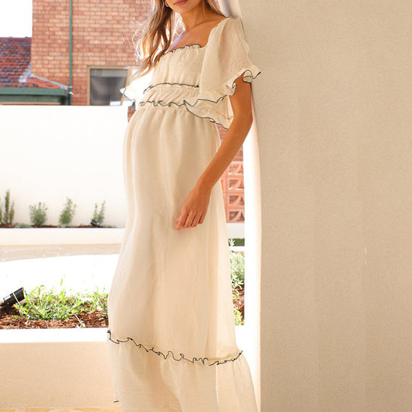 Beaumama robes longue grossesse peplum col bateau manches bouffantes élégant femme enceinte