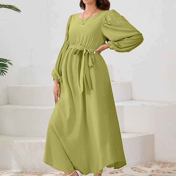 Beaumama robes longue grossesse ceinture col rond manchon de lanterne simple femme enceinte
