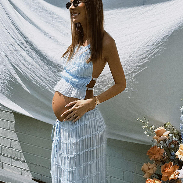 Beaumama robes longue grossesse dos nu plissé costume deux pièces licou élégant femme enceinte