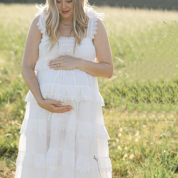 Beaumama robes photo longue grossesse élégant vacances dentelle bord ondulé strap femme enceinte