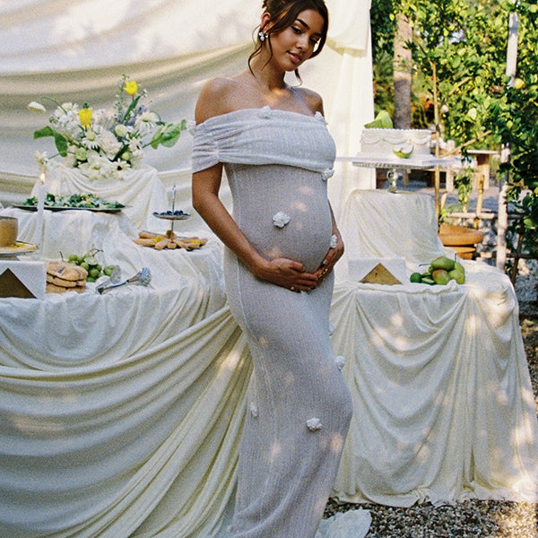 Beaumama robes longue grossesse élégant cérémonie épaule dénudée 3D fleurie moulante femme enceinte