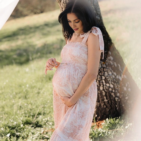 Beaumama robes longue grossesse photo imprimé fleurie volants fluide strap femme enceinte