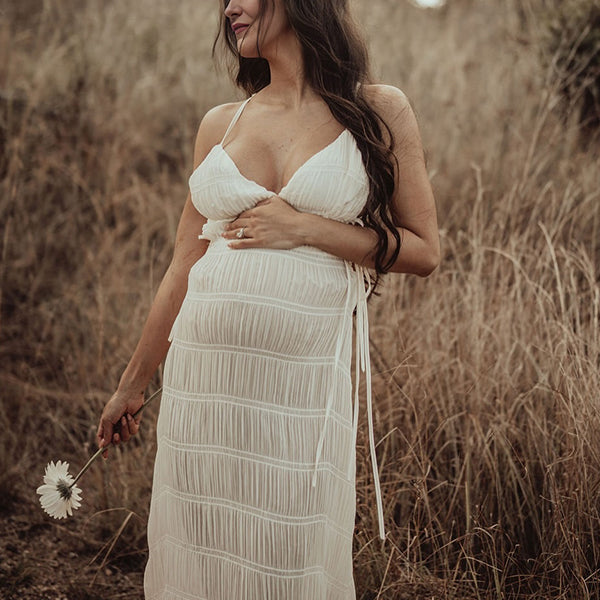 Beaumama robes photo longue grossesse bohème vacances nœud fluide plissé spaghettiträger femme enceinte