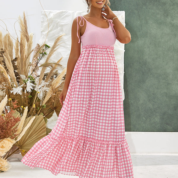 Beaumama robes longue grossesse carreaux strap plissé col rond mignon femme enceinte