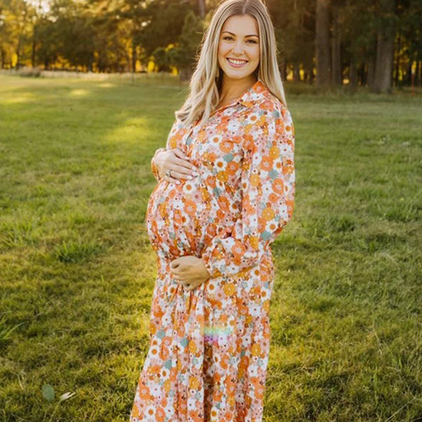 Beaumama robes longue grossesse bohème vacances imprimé fleurie fluide photo femme enceinte