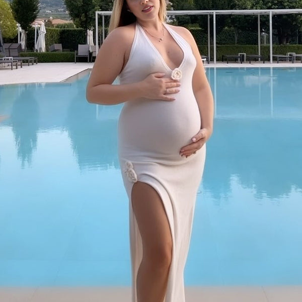 Beaumama robes longue grossesse élégant vacances crochet tricot fendu le côté 3D fleurie licou dos nu femme enceinte