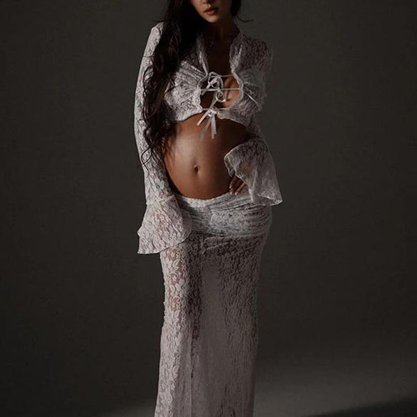 Beaumama robes photo longue grossesse élégant costume deux pièces dentelle nœud papillon femme enceinte