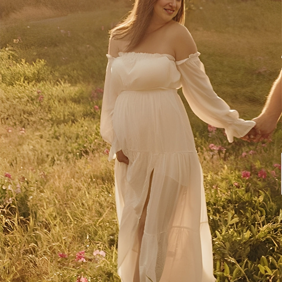 Beaumama robes longue grossesse épaules dénudées fluide fendu le côté femme enceinte