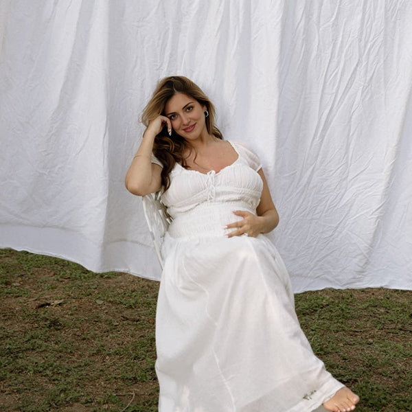 Beaumama robes longue grossesse dos nu coulisse taille manches bouffantes vacances femme enceinte