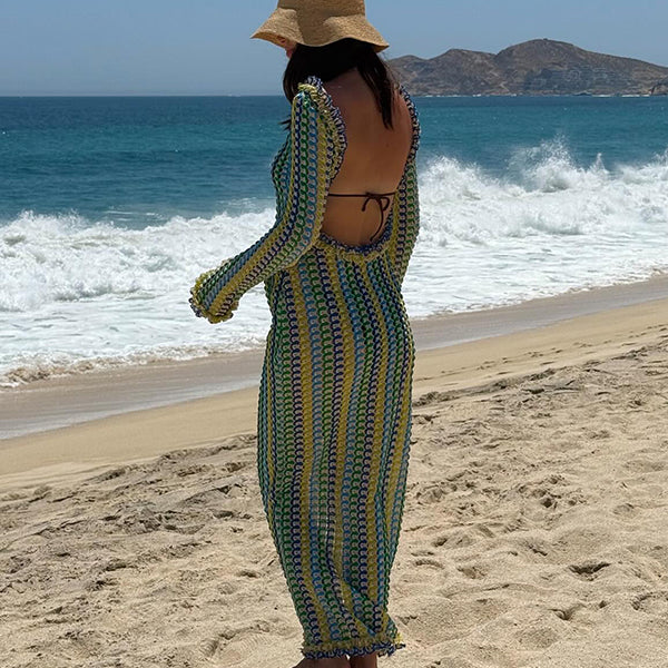 Beaumama robes longue grossesse chic plage rayé couleur bloc ruchés froncées dos nu femme enceinte