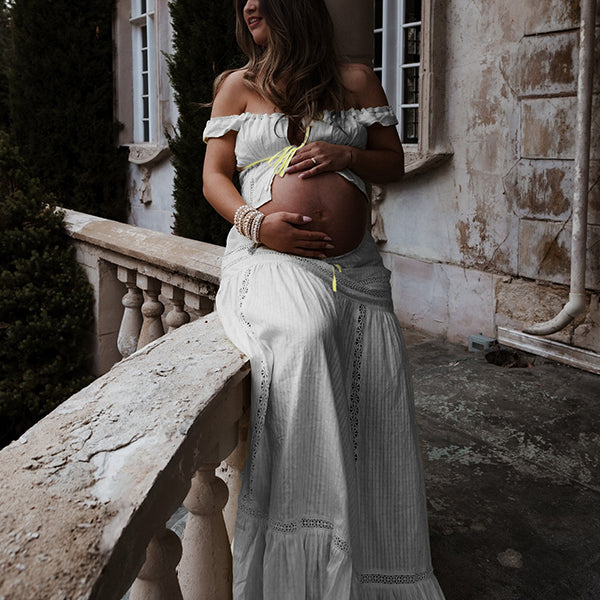 Beaumama robes photo longue grossesse élégant chic guipure dentelle coulisse taille fluide fente avant 2 pièces femme enceinte