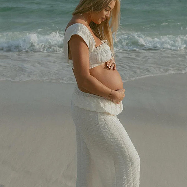 Beaumama robes photo longue grossesse élégant chic plissé coulisse taille moulante costume deux pièces femme enceinte