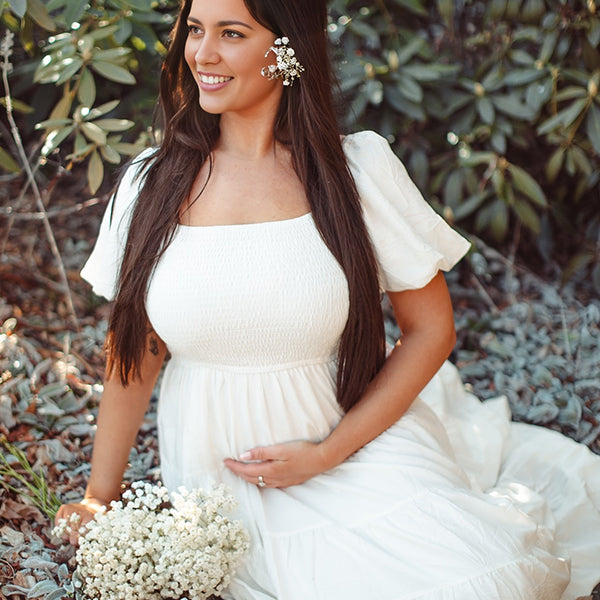 Beaumama robes photo longue grossesse chic volants plissé fluide trapèze épissage manches bouffantes femme enceinte