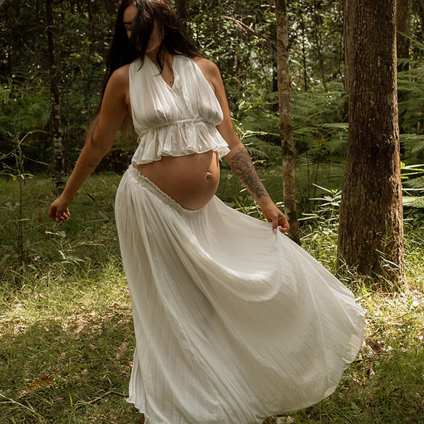 Beaumama robes photo longue grossesse élégant chic dos nu fente avant plissé fluide 2 pièces femme enceinte