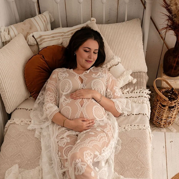 Beaumama robes longue grossesse imprimé fleurie dentelle creux transparent femme enceinte