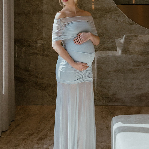 Beaumama robes longue grossesse chic cérémonie tulle épaule dénudée plissé sirene femme enceinte