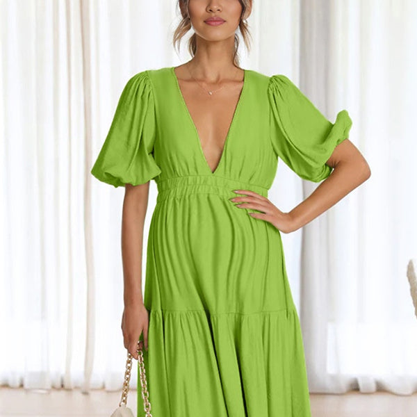 Beaumama robes mi-longue grossesse trapèze fluide manches bouffantes femme enceinte