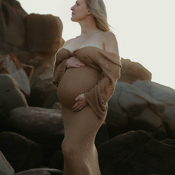 Beaumama robes photo longue grossesse bohème crochet tricot découpe dos nu paréos femme enceinte