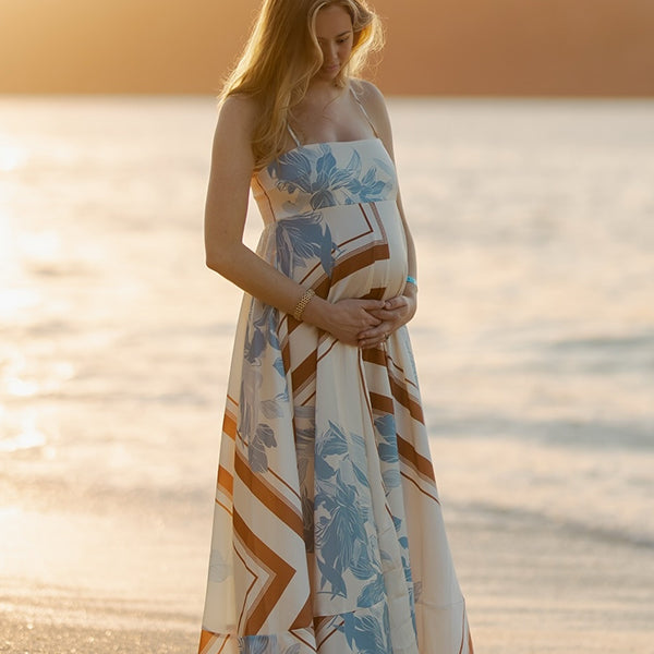 Beaumama robes longue grossesse imprimé fleurie strap élégant femme enceinte