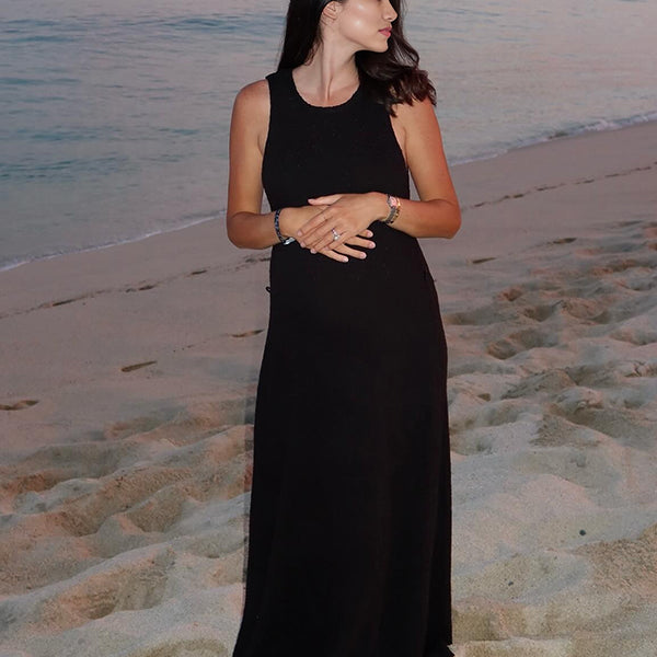 Robe longue grossesse fluide trapèze plage noir
