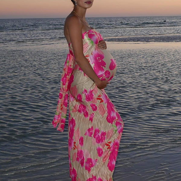 Robe longue grossesse imprimé fleurie nœud papillon rose