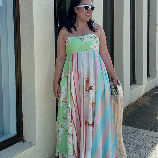 Robe longue grossesse imprimé fleurie rayé fluide trapèze spaghettiträger vert