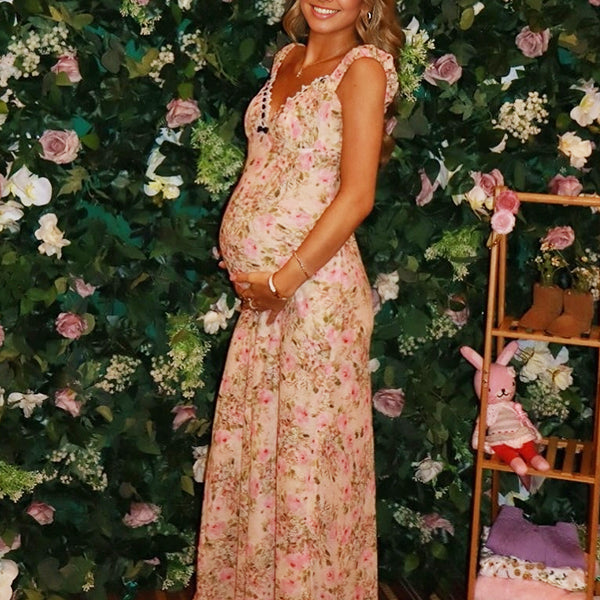 Robe longue grossesse imprimé fleurie guipure dentelle fluide rose