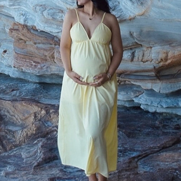 Robe photo longue grossesse dos nu spaghettiträger fluide trapèze jaune