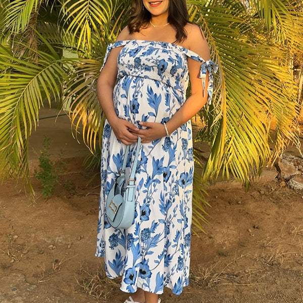Robe longue grossesse imprimé fleurie fluide trapèze bleu clair