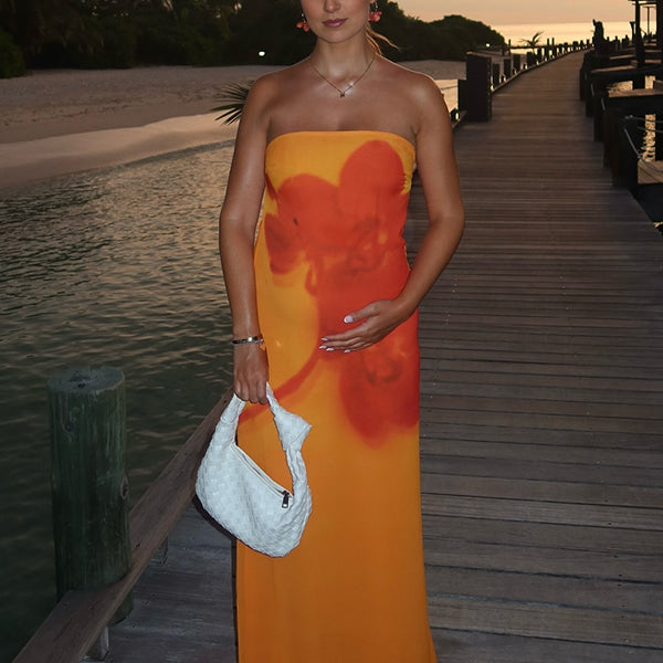 Robe longue grossesse imprimé fleurie fluide bustier orange