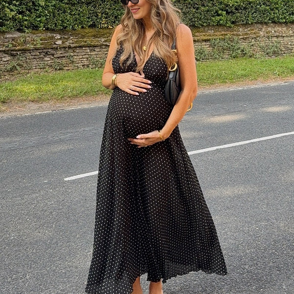 Robe longue grossesse pois dos nu fluide trapèze licou noir