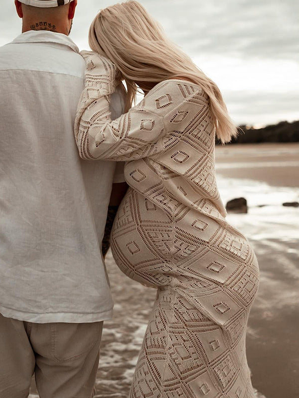 Beaumma robe shooting grossesse longue plage photo creux tricot manches trompette femme enceinte