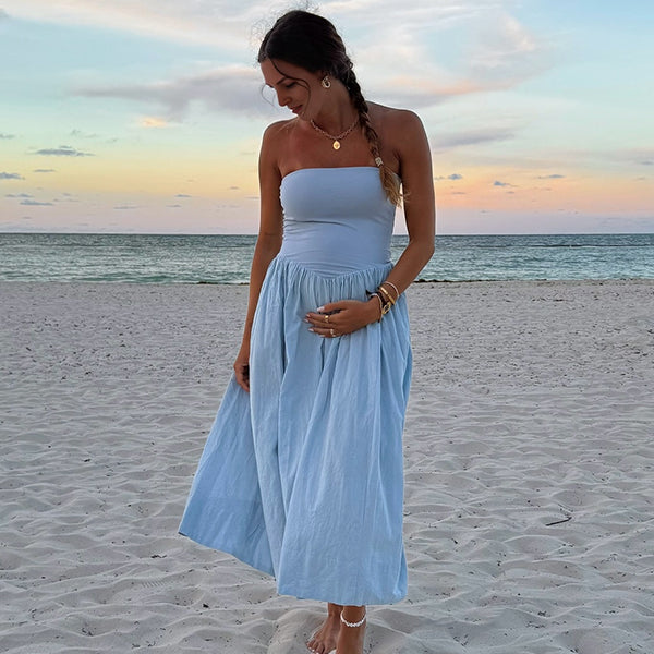 Robe longue grossesse fluide trapèze bustier photo bleu