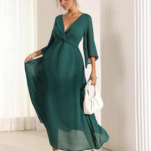 Robe longue grossesse nœud mousseline fluide trapèze vert