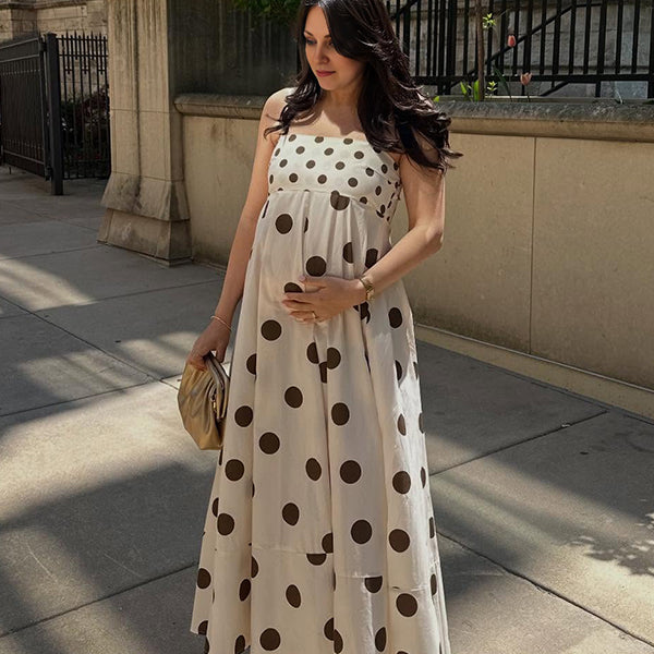 Robe longue grossesse pois fluide trapèze spaghettiträger beige