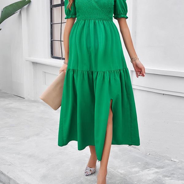 Robe longue grossesse fendu le côté fluide trapèze vert