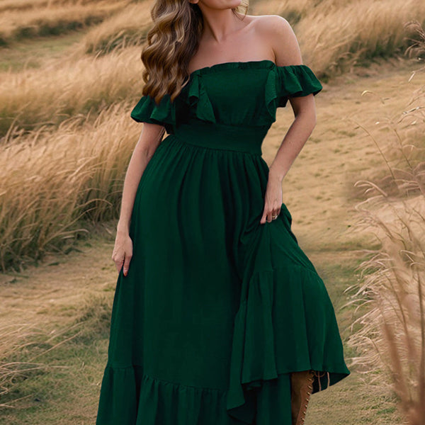Robe longue grossesse volants fluide taille élastique vert