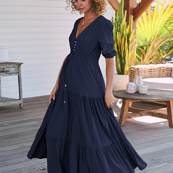 Robes longue de grossesse coulisse taille-Bleu foncé
