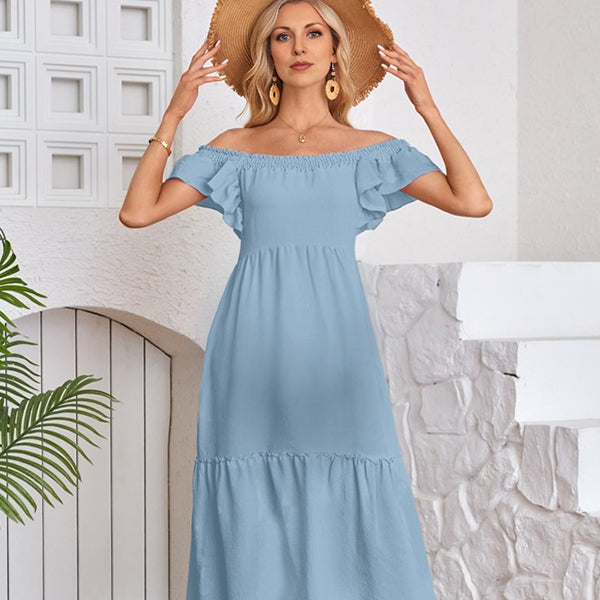 Robes longue de grossesse manches volantes-Bleu clair